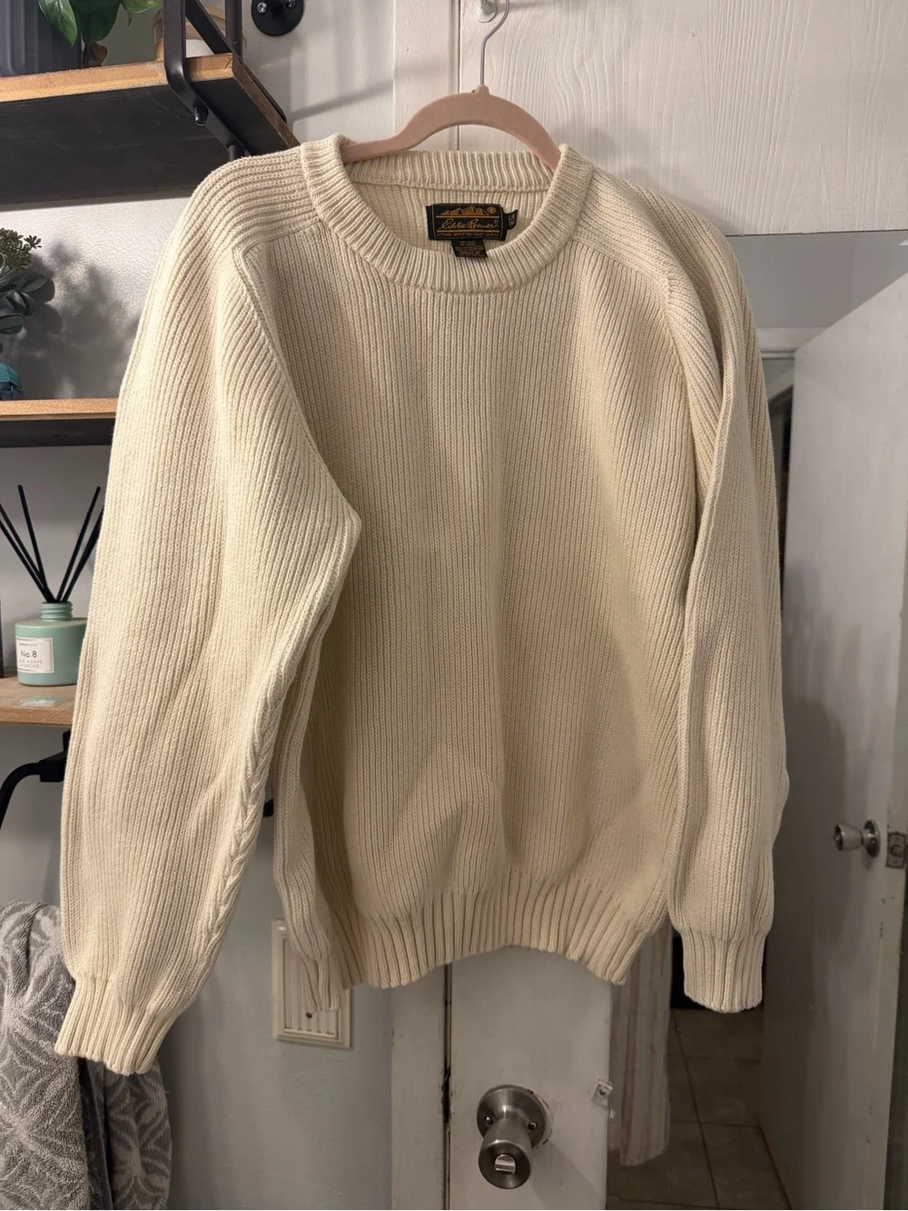 Vintage Eddie Bauer 80’s Thick Cream Crewneck 100% Cotton Ribbed Knit Sweater